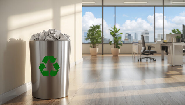 An eco friendly office environment with a recycling bin full of paper, reflecting commitment to environmental responsibility.