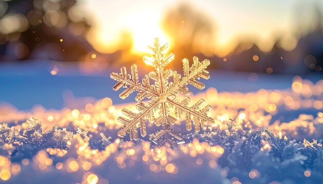 Close-up of a perfectly formed snowflake, sparkling in golden sunlight