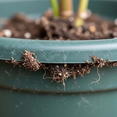 Close-Up of Soil and Roots Overgrowing a Green Potted Plant Container