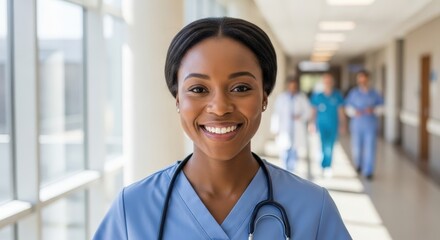 Smiling black woman in medical scrubs and stethoscope stands in a bright hospital hallway during the day