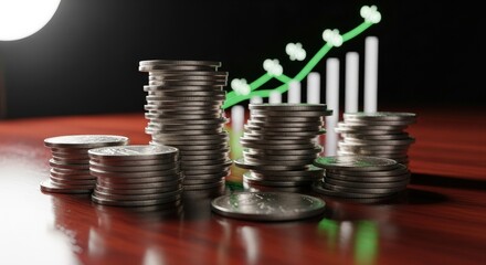 Silver coin stacks on a wooden table with a glowing green financial growth chart in the background