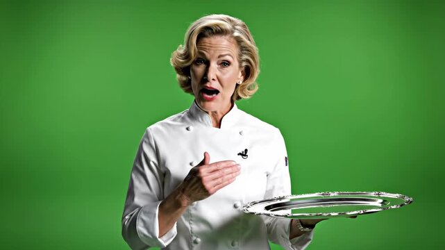 Experienced blonde chef on green screen presents an empty silver platter with diverse expressions and communicative gestures for versatile
