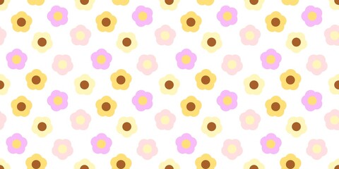 Cute seamless repeating pink and yellow flower pattern. Minimalist floral groovy design ideal for spring projects, fabric, branding, greeting cards, and textile prints.