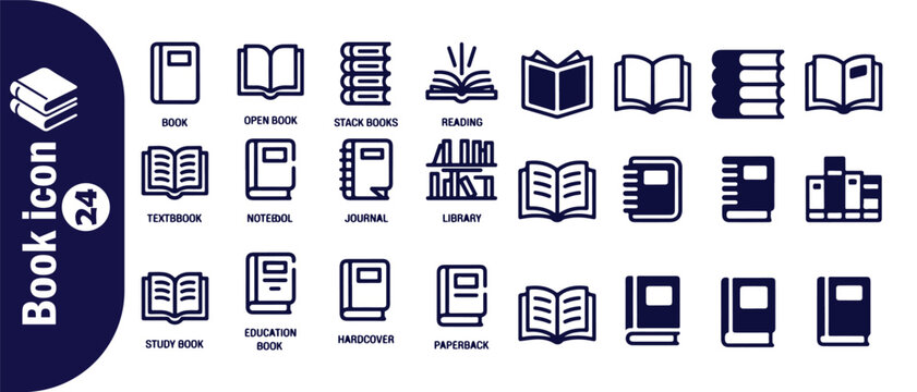 Extensive collection of book icons in outline style portraying various literary and educational items