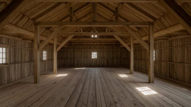 Rustic wooden barn interior with natural sunlight shining through windows showcasing warm timber textures and spacious empty architecture