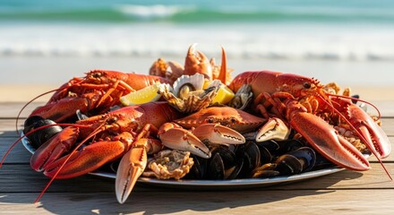 Platter of cooked lobsters, crabs, mussels, oysters, and lemon slices on a wooden table by a sunny beach