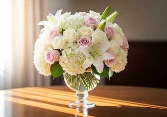 Elegant floral arrangement featuring roses, lilies and hydrangeas indoors