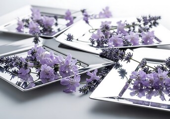 Elegant floral arrangement on reflective plates, calm and peaceful mood