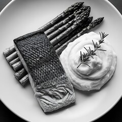 Elegant monochrome plated fish fillet dish with asparagus and creamy sauce