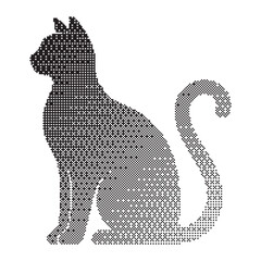 Spooky black cat silhouette with glowing eyes, perfect for Halloween designs, digital dot art vector