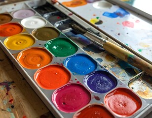 Close-up of watercolor paints and brushes on a palette