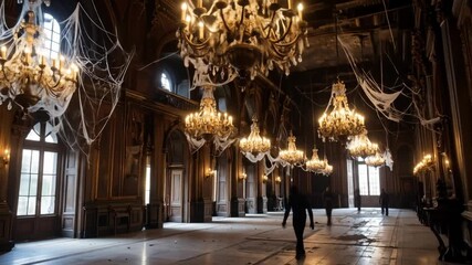 Grand interior hall with antique chandeliers and spider webs halloween atmosphere - Powered by Adobe