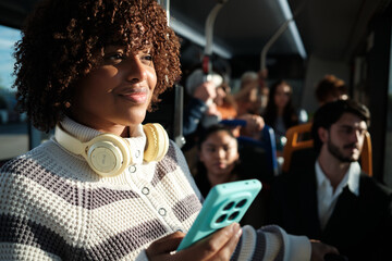 Young woman commuting on bus using smartphone and headphones