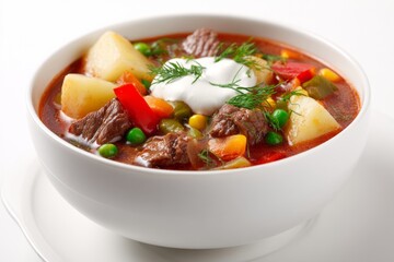 Bowl of Vegetable Stew With Meat and Sour Cream on White Background With Sharp Focus and Professional Lighting