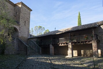 Javier, Spain - Nov 12, 2025: Javier medieval castle and sanctuary. Sunny winter day. Selective focus.