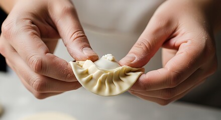 Crafting handmade dumplings, culinary creation in action, close up preparation