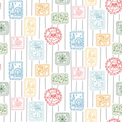 Doodle pattern in color with various frames, holiday paintings. Santa Claus, snow globe, gift, snowflake, gifts, berries, Christmas tree. for printing on textiles, paper, seasonal cards, digital paper