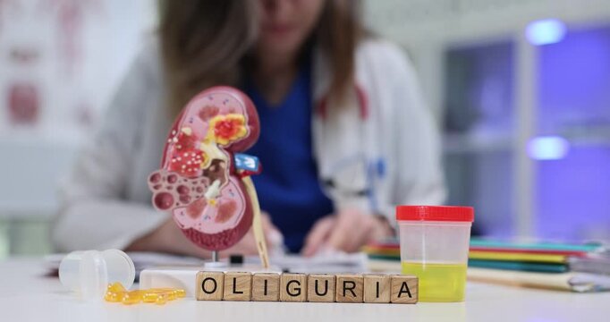 Word Oliguria on wooden cubes near urine sample and kidney model in hospital. Woman doctor studies problems with urinating in medical office