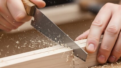 Hands cutting wood with hand saw, woodworking and carpentry in workshop