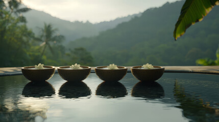 Tranquil spa scene with floating flower bowls overlooking a lush green valley at sunrise.