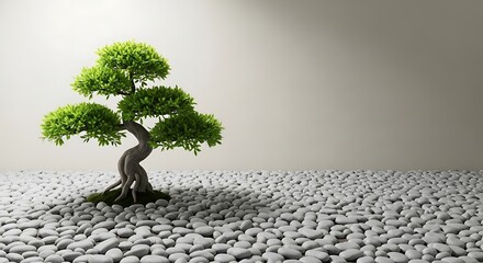 Miniature tree on a pebble surface evokes peace and minimalist design
