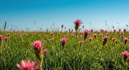 Vibrant flora under a serene, expansive blue sky, showcasing a tranquil botanical landscape. Perfect for nature, growth, and outdoor beauty themes ,cultivated ,scenic ,sunny