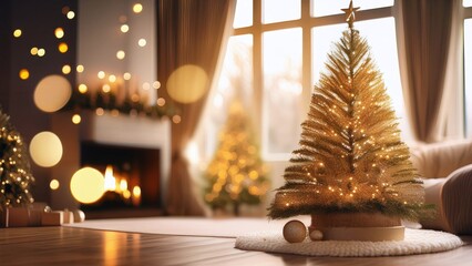 Elegant Christmas Tree in Cozy Living Room with Soft Golden Lights and Warm Festive Mood