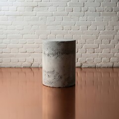 Minimalist concrete pedestal display against aged white brick background