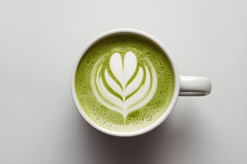 cup of vibrant green matcha latte with white latte art on a plain white background