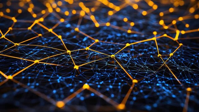 Abstract digital visualization of a complex interconnected neural network structure Bright orange and yellow glowing data points connect via thin lines against