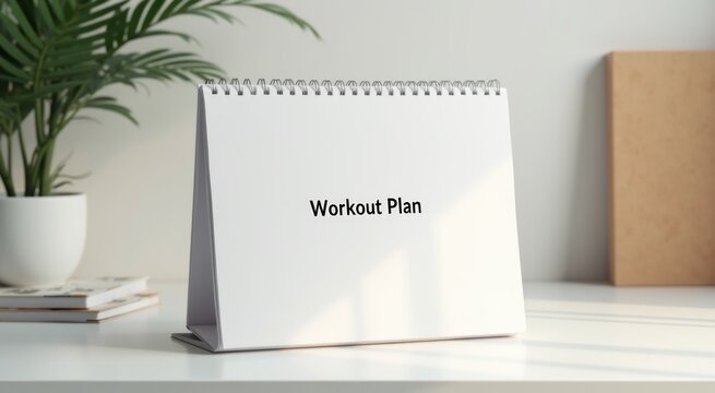 A close up of a desk with a calendar on it workout plan text