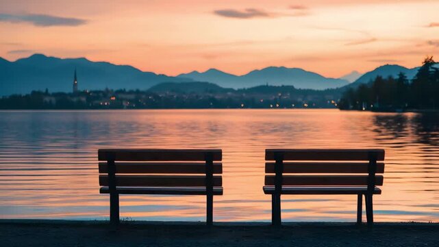 Two empty wooden benches overlook a scenic lake reflecting the vibrant orange and pink colors of the sunset sky Distant mountains and a town silhouette complete