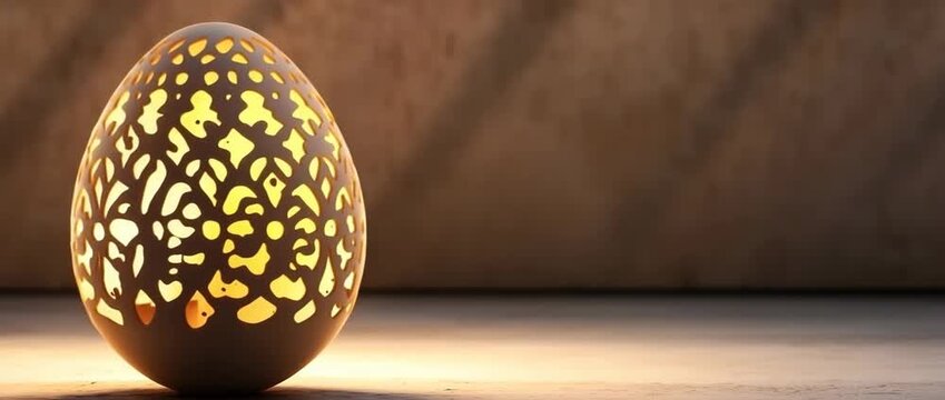 Ornate decorative egg lantern featuring intricate carved lattice patterns Warm light glows through the shell