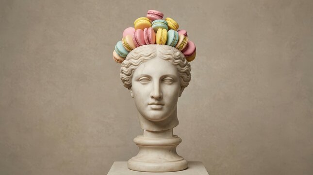 Classical marble bust adorned with colorful macarons, showcasing a unique blend of art and culinary creativity, highlighting the fusion of tradition and modernity in visual storytelling