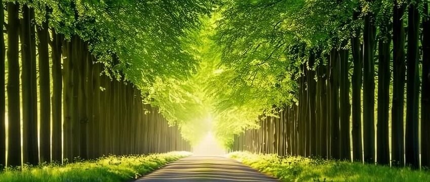 Green tree tunnel formed by rows of tall trees lining a road Intense sunlight glows brightly at the end of the path highlighting the fresh dense summer canopy