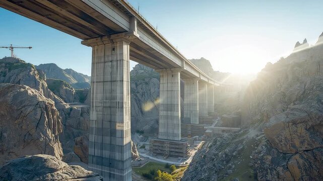 Massive elevated concrete bridge spanning rocky mountain terrain under bright sunrise light showcasing modern engineering and infrastructure