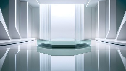 Minimal Futuristic Studio with Transparent Glass Pedestal and Soft Volumetric Lighting for Premium Cosmetic Display