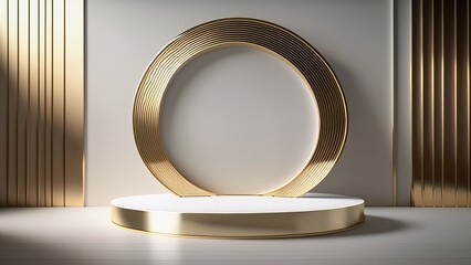 Minimal White and Gold Studio with Metallic Ring Frame, Floating Matte Pedestal, and Luxury Product Showcase