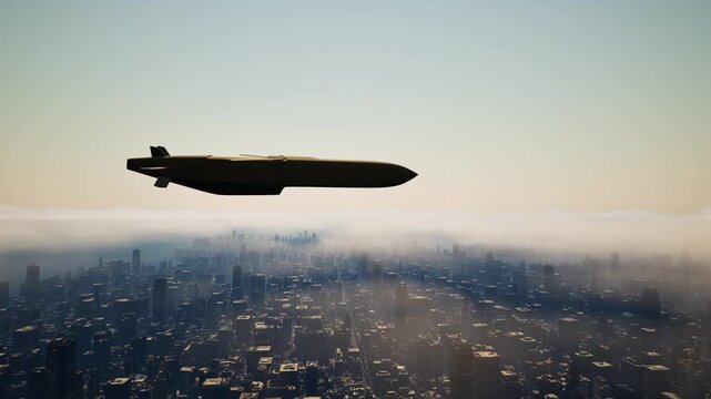 A cruise missile flying in the clouds above the city attacks enemy energy facilities. 3D animation.
