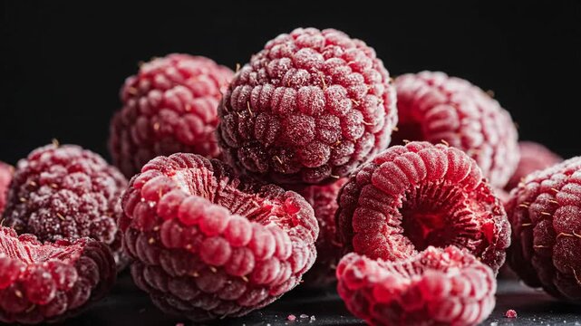 Fresh ripe red raspberries in a detailed macro close up shot.
