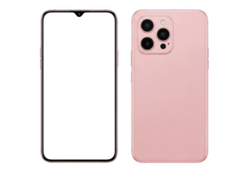 Pink smartphone front and back view isolated on white background.