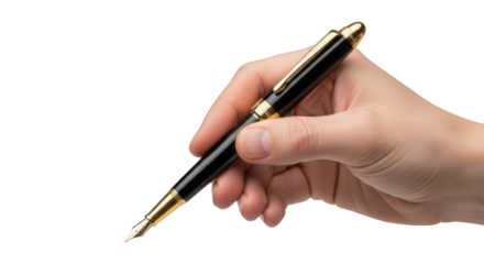 Person holding elegant black and gold fountain pen for signing important documents on transparent background.