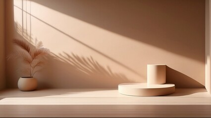 Warm Beige Minimal Studio Background with Soft Gradients, Geometric Platforms, and Elegant Product Display