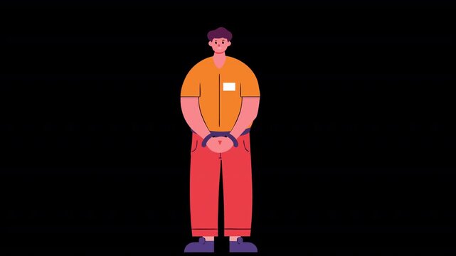 Cartoon prisoner in handcuffs. Criminal animation, alpha channel
