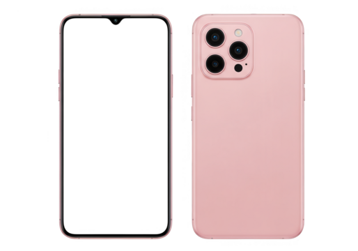 Pink smartphone front and back view isolated on white background.