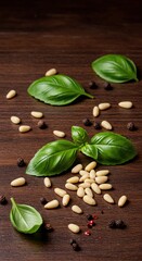 Vibrant fresh basil leaves and nutritious buttery pine nuts scattered on a rustic wooden surface, highlighting essential ingredients for cooking ,food ,aromatic ,pesto