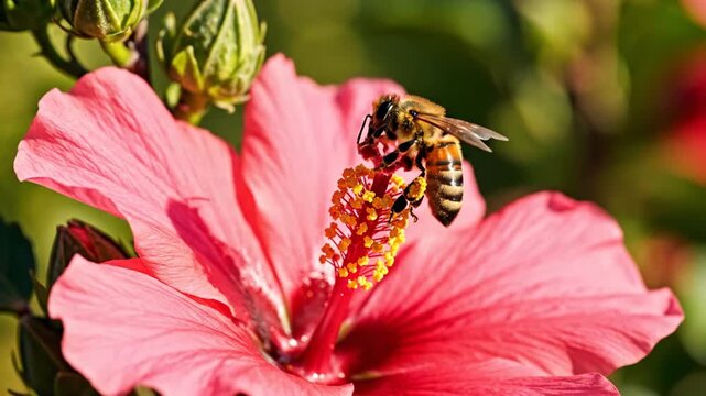 Bee on a red flower in sunlight macro nature close up insect pollination botanical floral