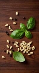 Vibrant fresh basil leaves and nutritious buttery pine nuts scattered on a rustic wooden surface, highlighting essential ingredients for cooking ,kitchen ,fresh ,surface