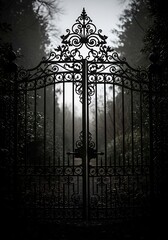 Ornamental Iron Gate leading into the Dark Forest on a Misty Day