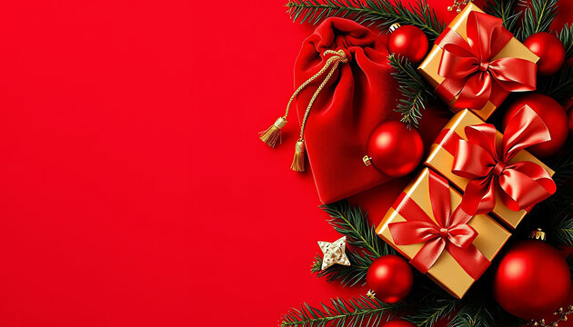 Red Christmas Background with Gift Bag, Baubles and Pine Branches